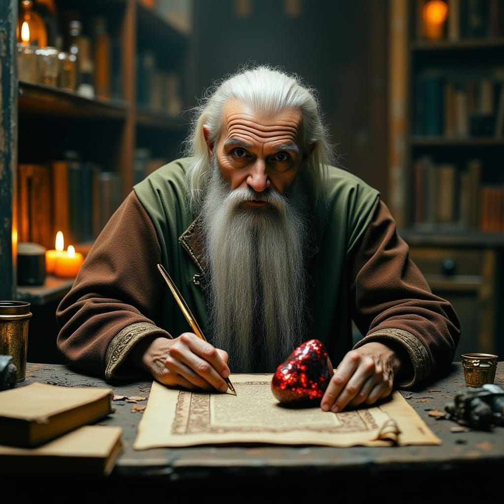 <lora:Dark Portraits:1.0> An old alchemist with long white h...