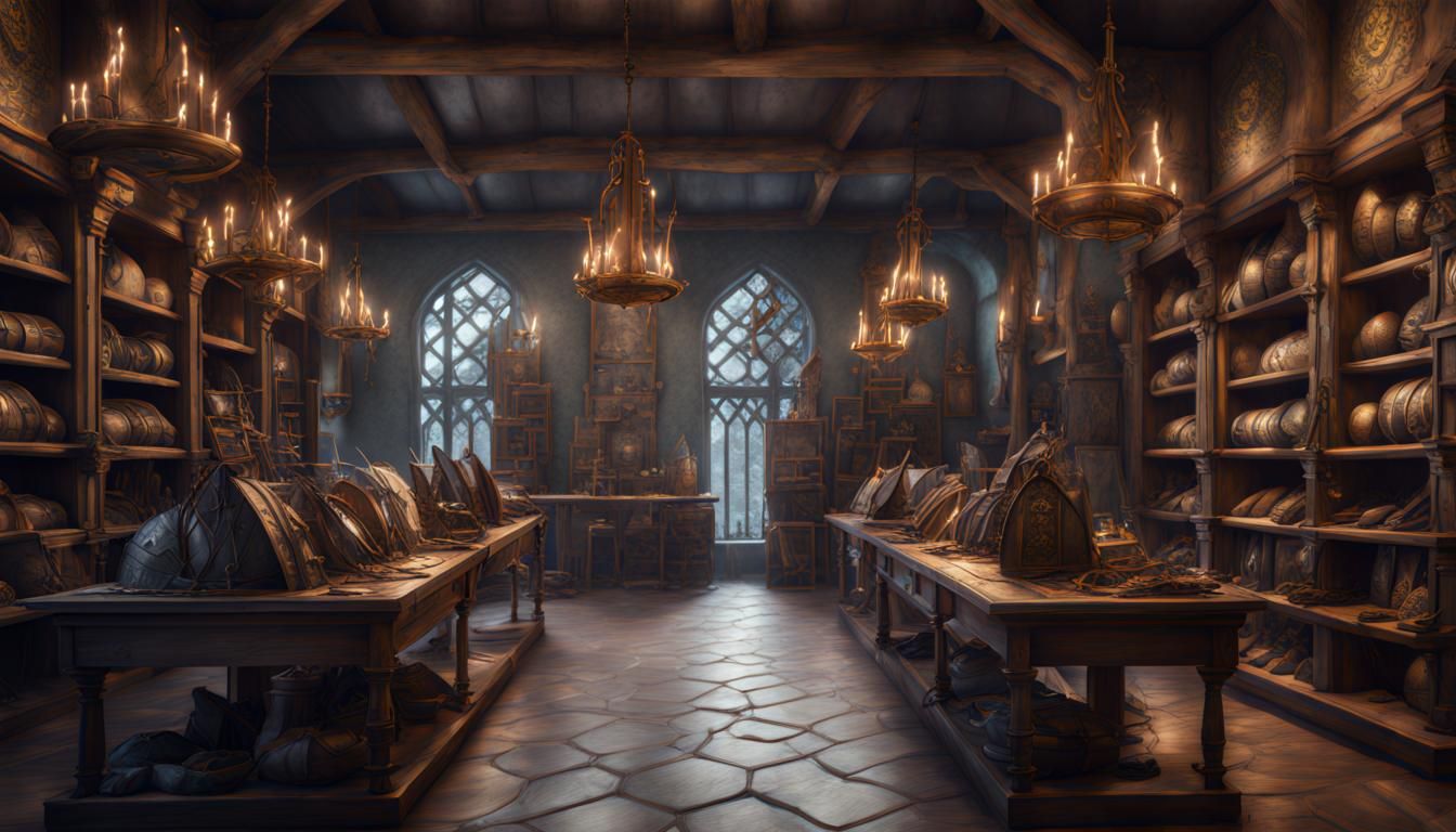 Fantastical Armor Shop Interior Concept Art