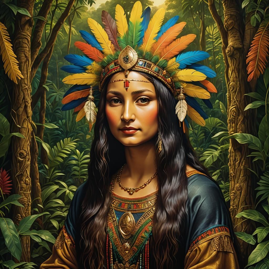 Mona Lisa in Indigenous Brazilian Style, Hyper-realistic