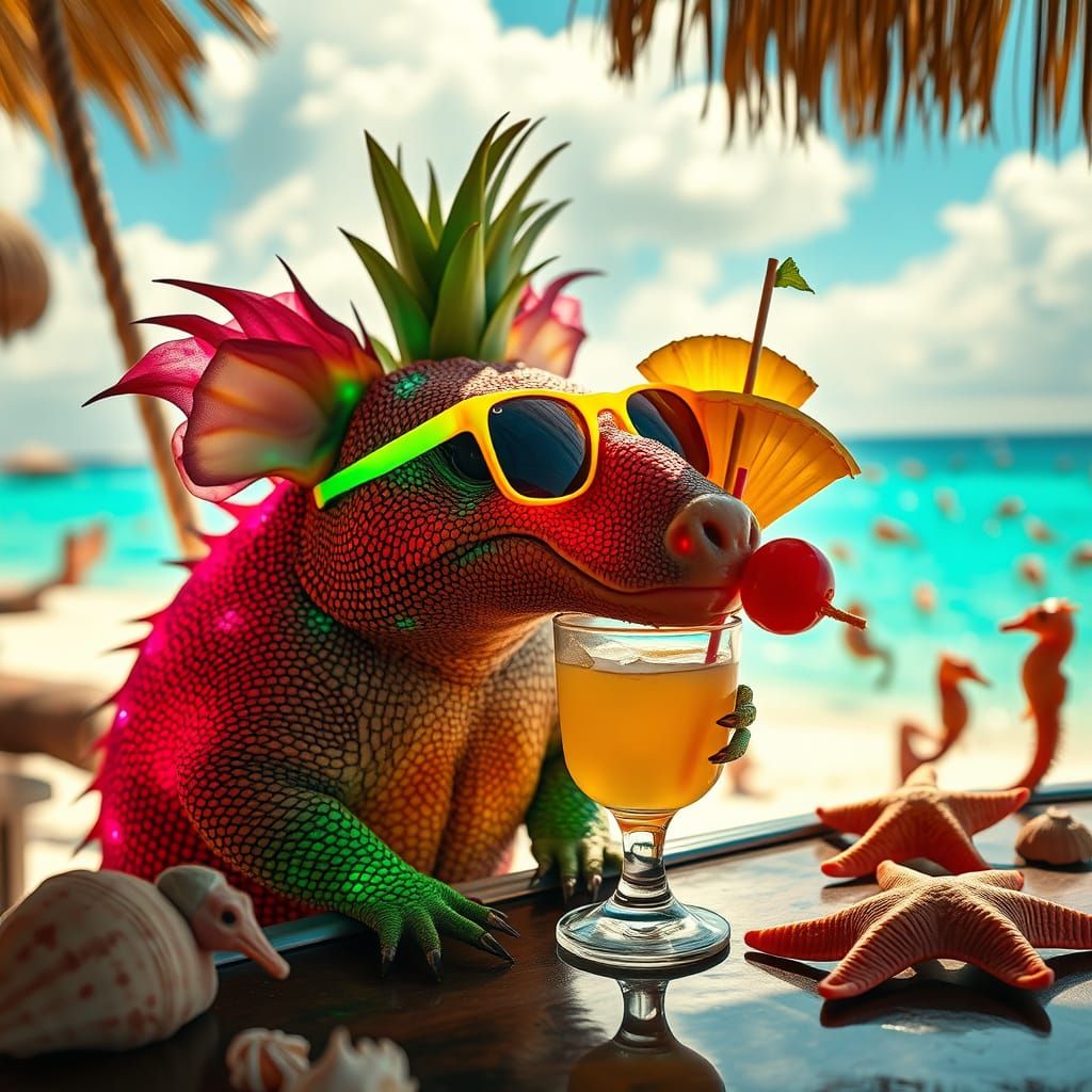 Glowing Armadillo Sips Cocktail at Tropical Beach Bar in Cin...