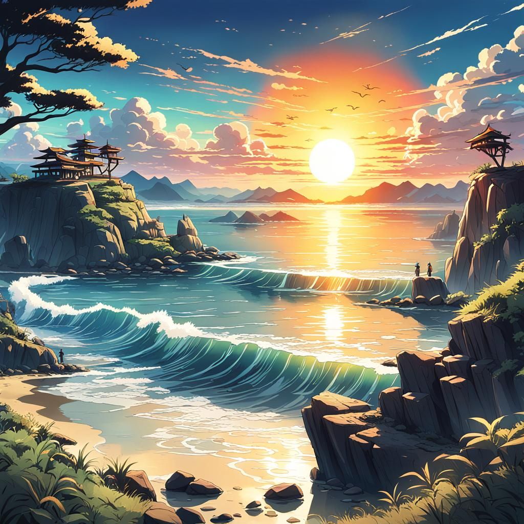 Anime Sunset with Multiple Suns and Wildlife