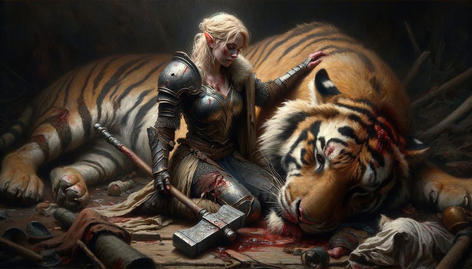 Hope in the Ruins: Elf Comforts Injured Tiger