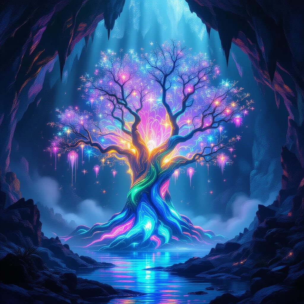 Bioluminescent Tree Radiance in Crystalline Cavern