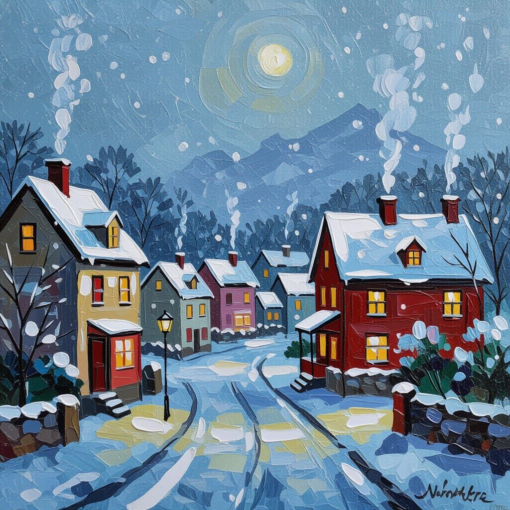 Impasto Painting of a Snow-Covered Remote Town