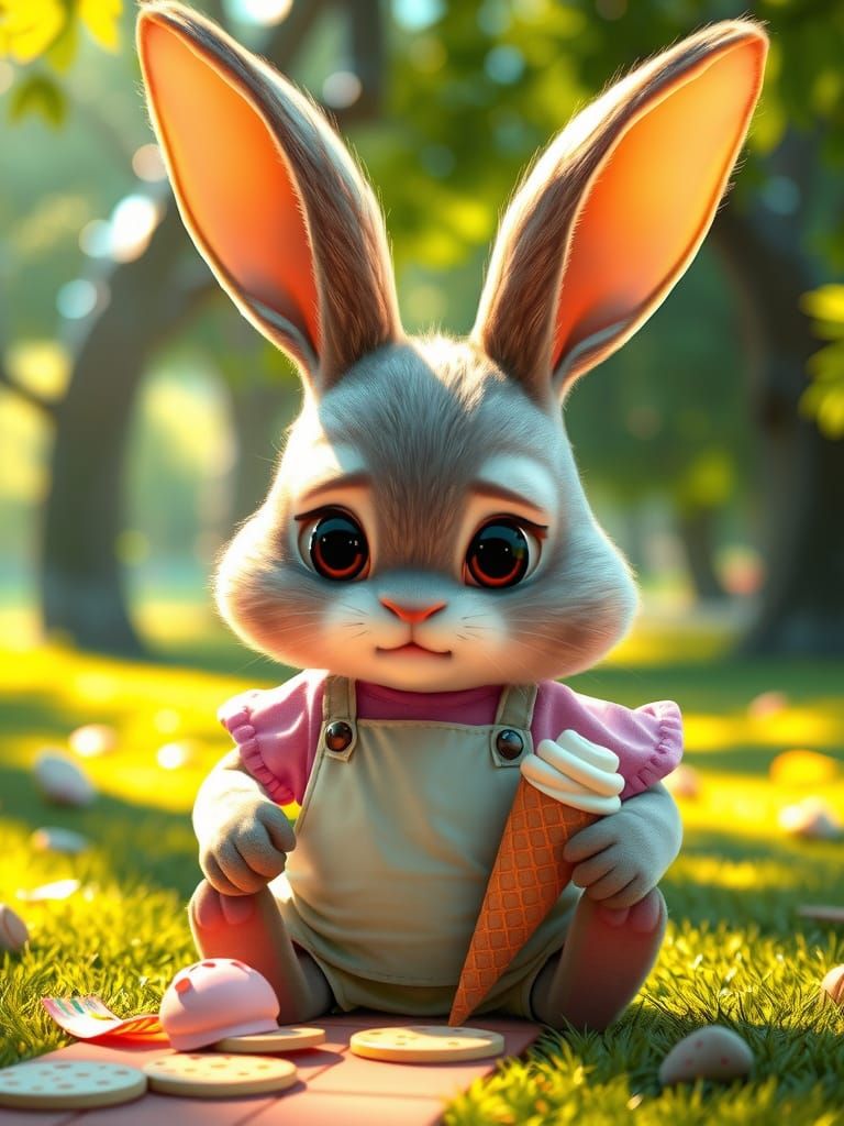Sad Bunny Rabbit Crying Over Ice Cream, Pixar Style