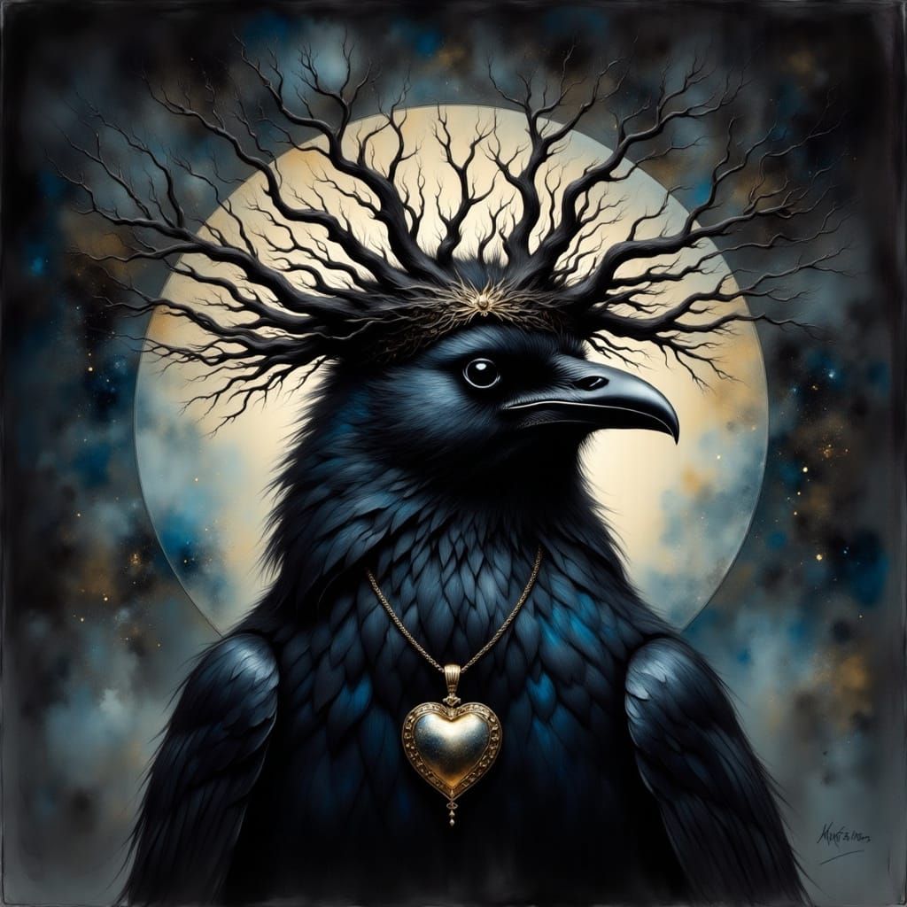 Ethereal Black Bird with Resplendent Crown in Whimsical, Pai...