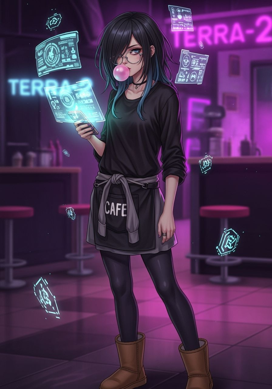 Saeko The Digital Witch Barista in Cyberpunk Cafe