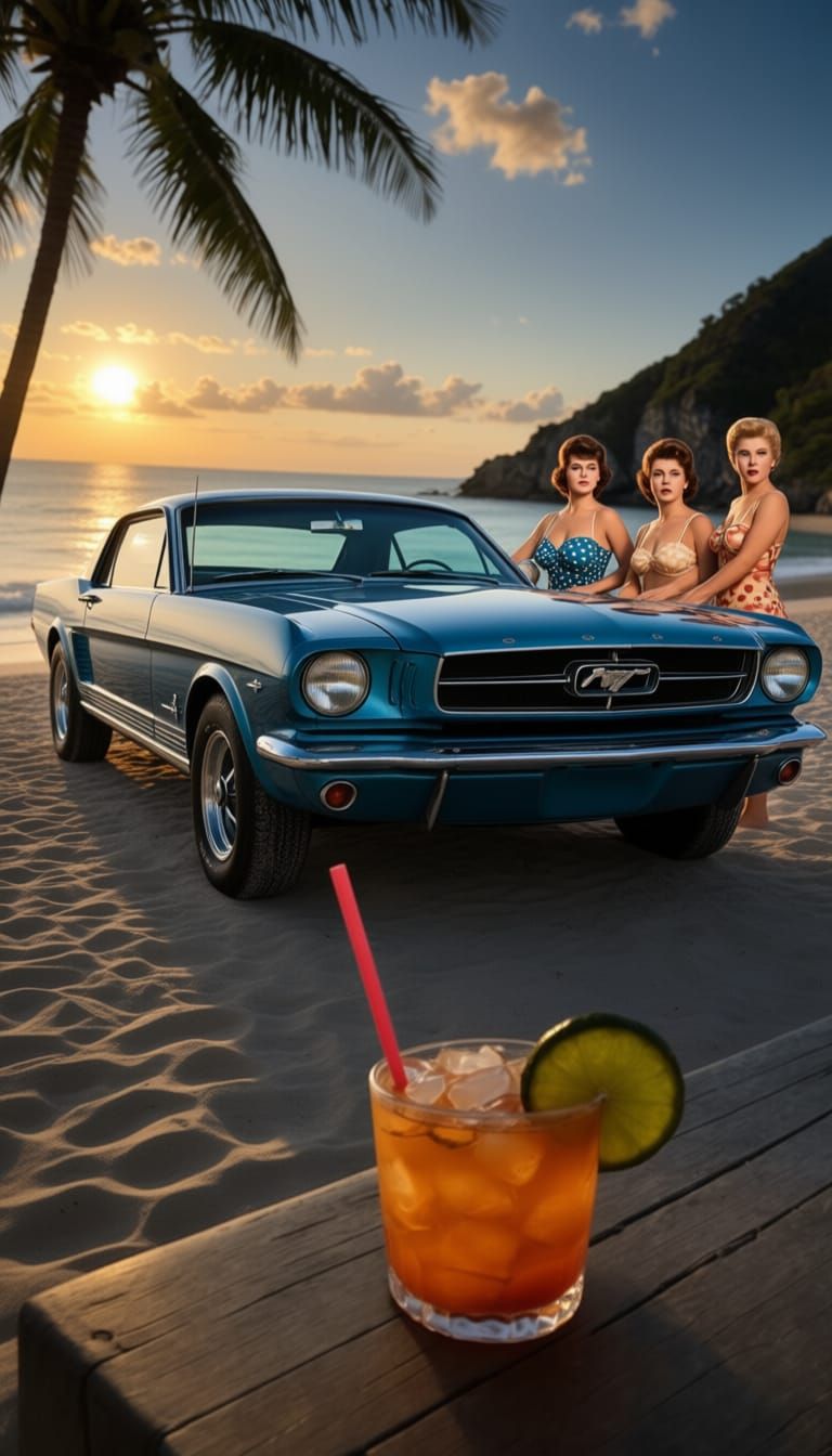 1960s Blue Mustang on Florida Beach with Awestruck Women