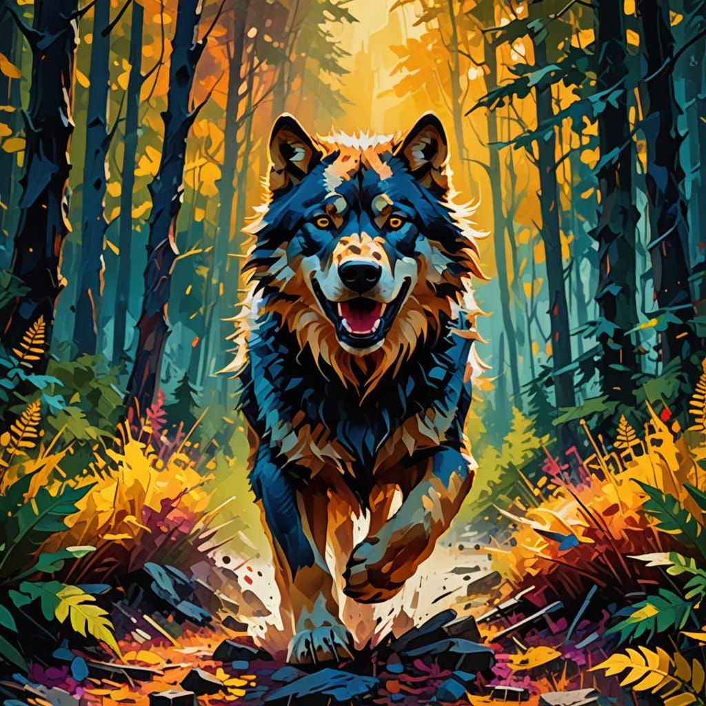Abstract Dire Wolf Running in Fauvist Forest