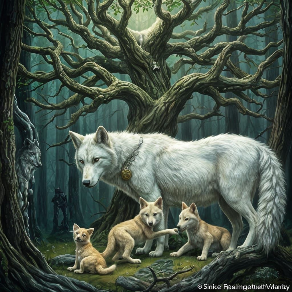 Ancient Celtic Forest Goddess with Feral Wolf Cubs