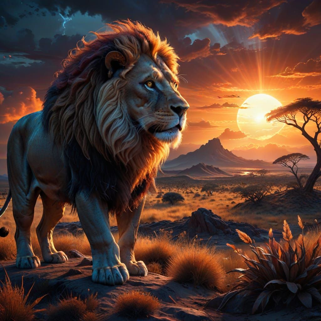 Majestic Lion on Alien Savanna with Fiery Mane