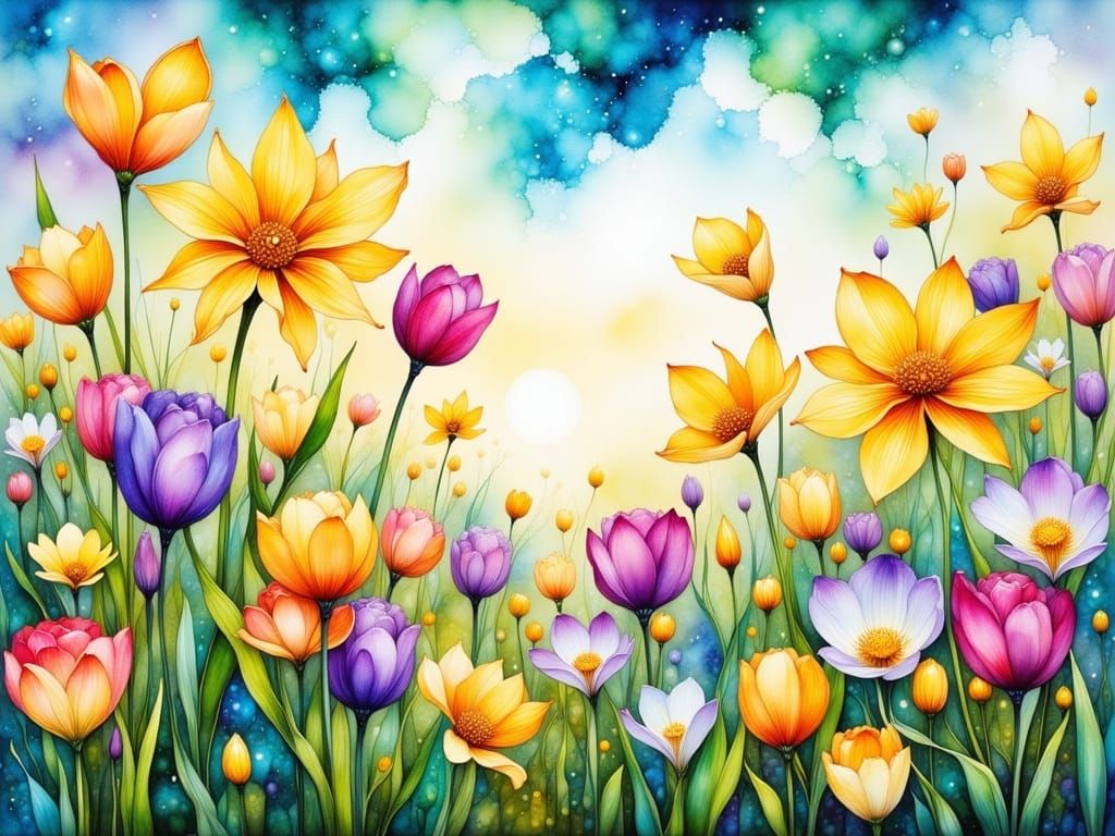 Vibrant Spring Garden in Watercolor and Ink Style