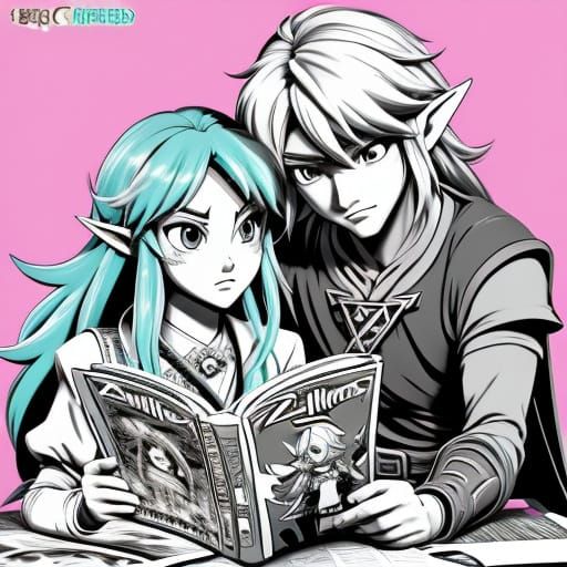 Anime Chibi Link and Zelda Reading a Comic