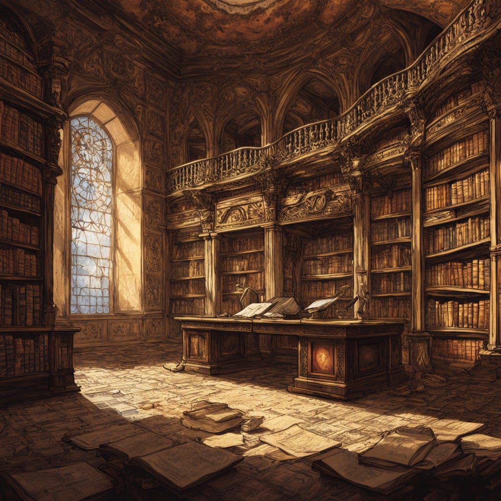 Ancient Map Discovery in Dusty Library - Concept Art