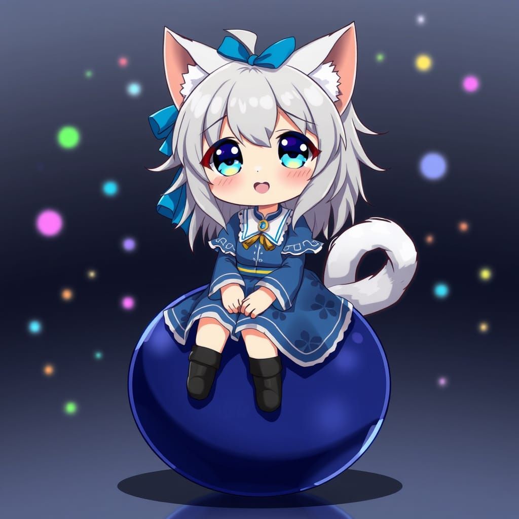 Adorable Catgirl Sits on Giant Blueberry Under Sparkling Nig...