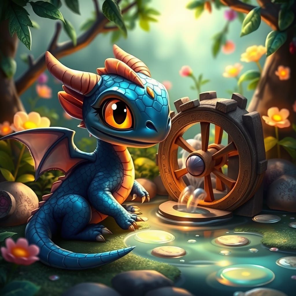 Mischievous Sapphire Dragon Hatchling in Enchanted Garden