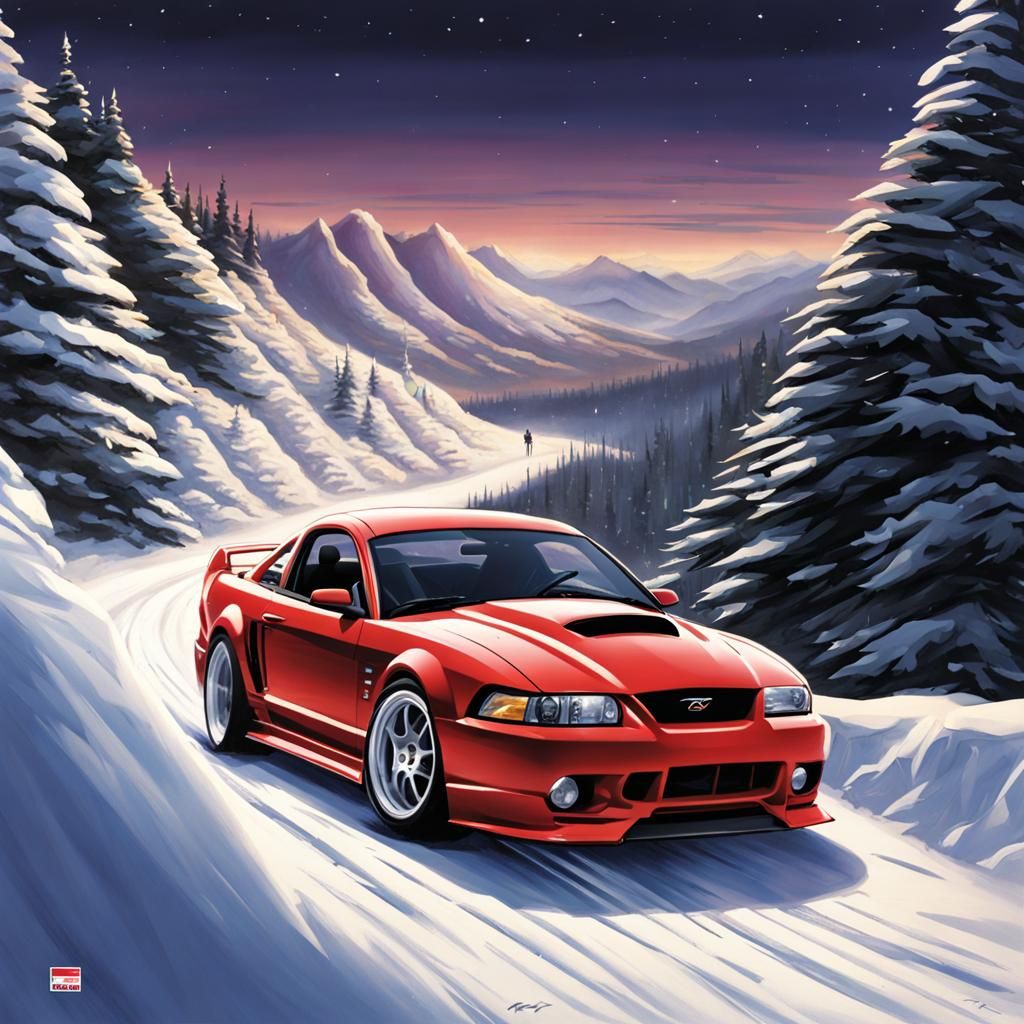 Cobra R Mustang Drifting: Anime-Inspired Canyon Scene