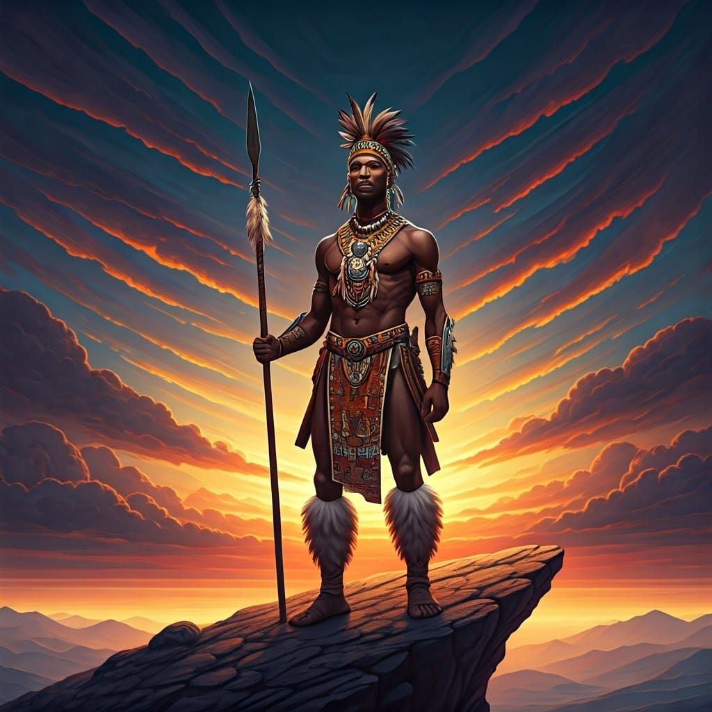 Zulu Warrior on Cliff in Surrealist Style