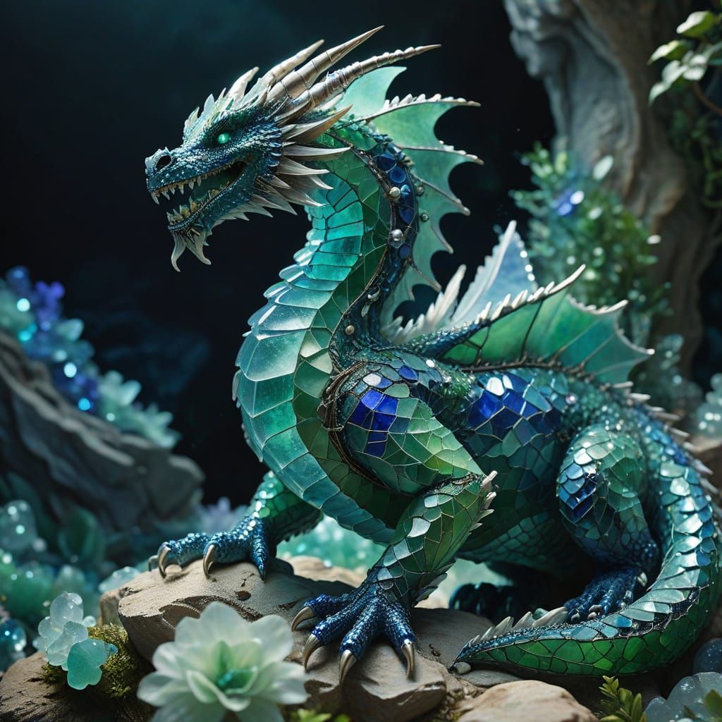 Colossal Sea Glass Dragon Sculpture in Art Nouveau Style