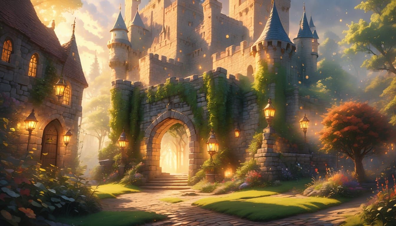 Enchanting Medieval Castle Entrance in Kinkade Style