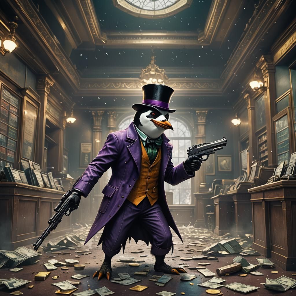 Joker penguin with a gun in a bank