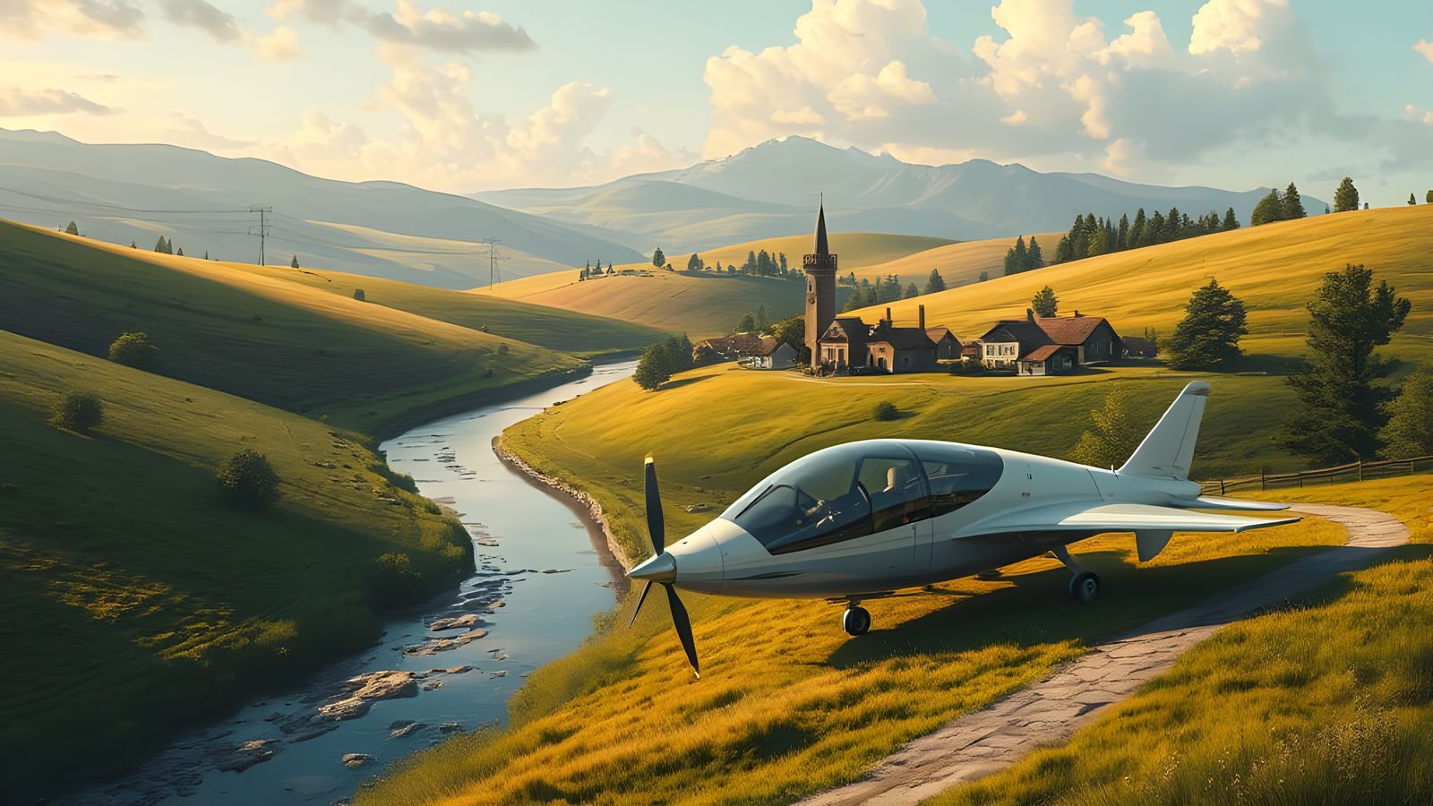 Idyllic Countryside Village with Futuristic Aircraft: Hyperr...