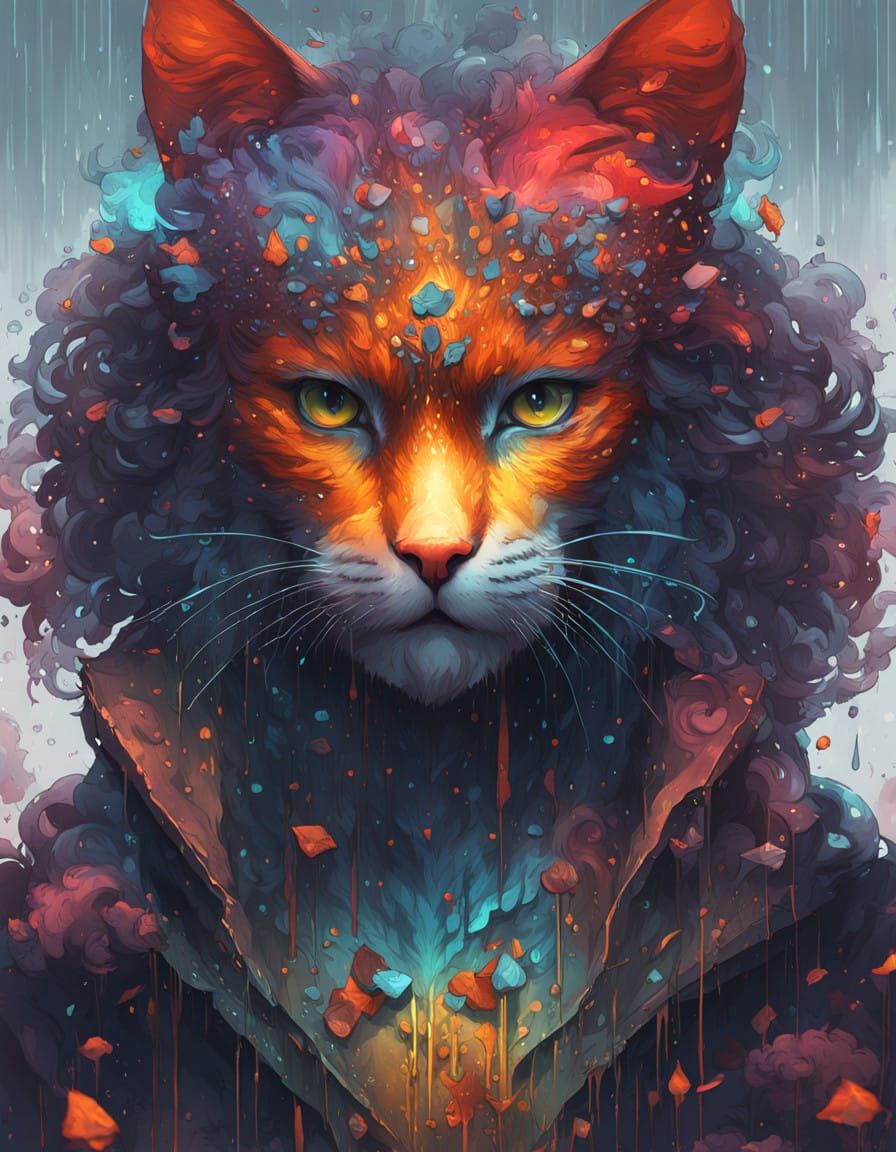 Sorrowful Feline Humanoid in Rainy Mist