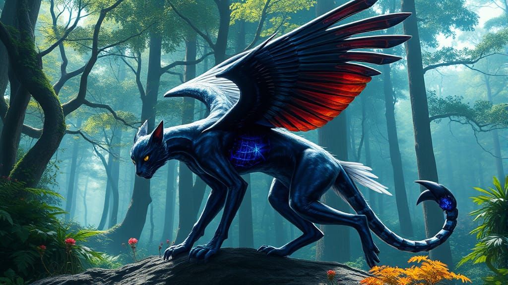 Caravion - A cat scorpion hybrid creature with metal raven w...