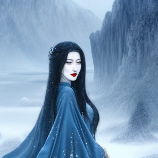 Yuki-Onna in Snowy Landscape: Fantasy Art