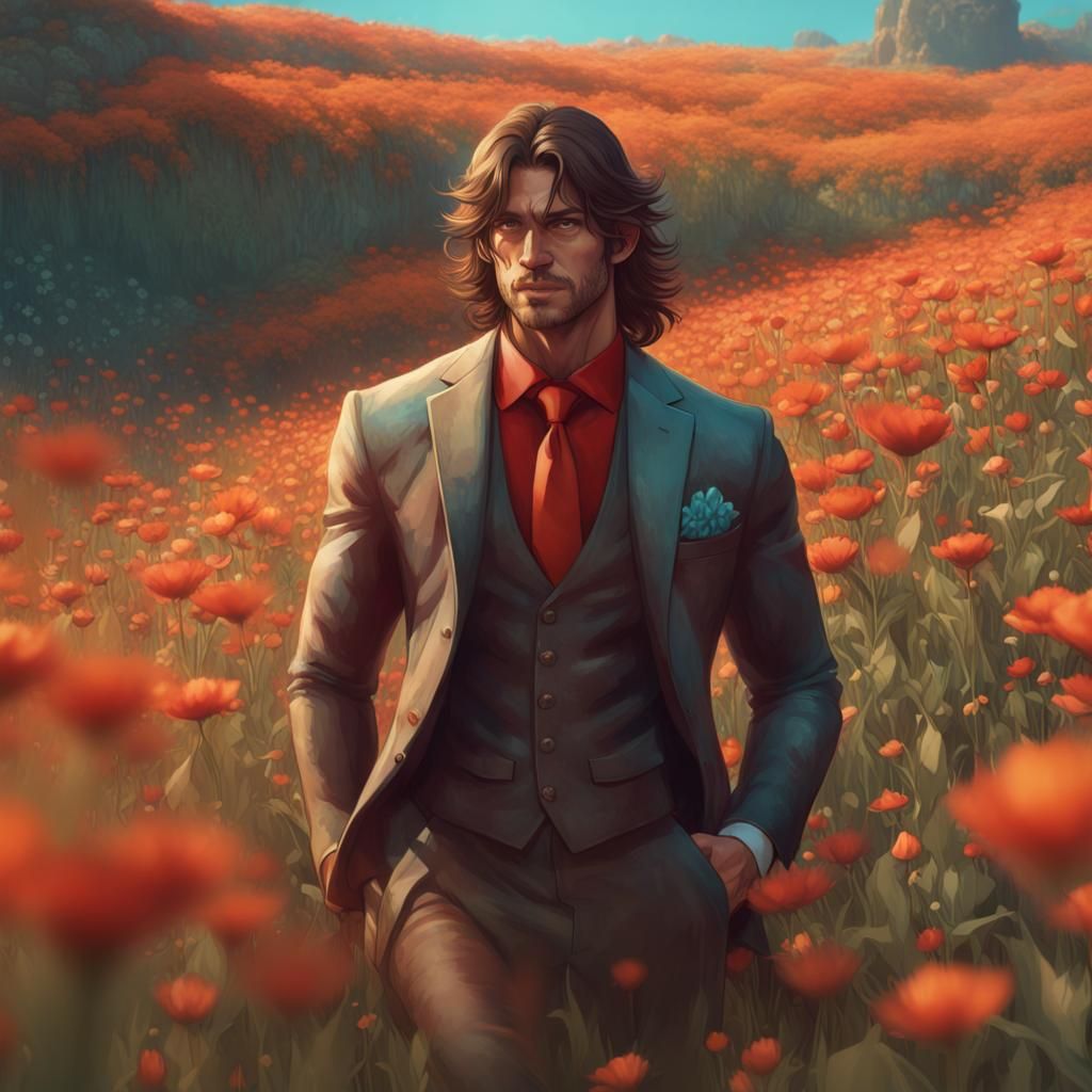 Man in Sixties Suit in Flower Field, Art Nouveau