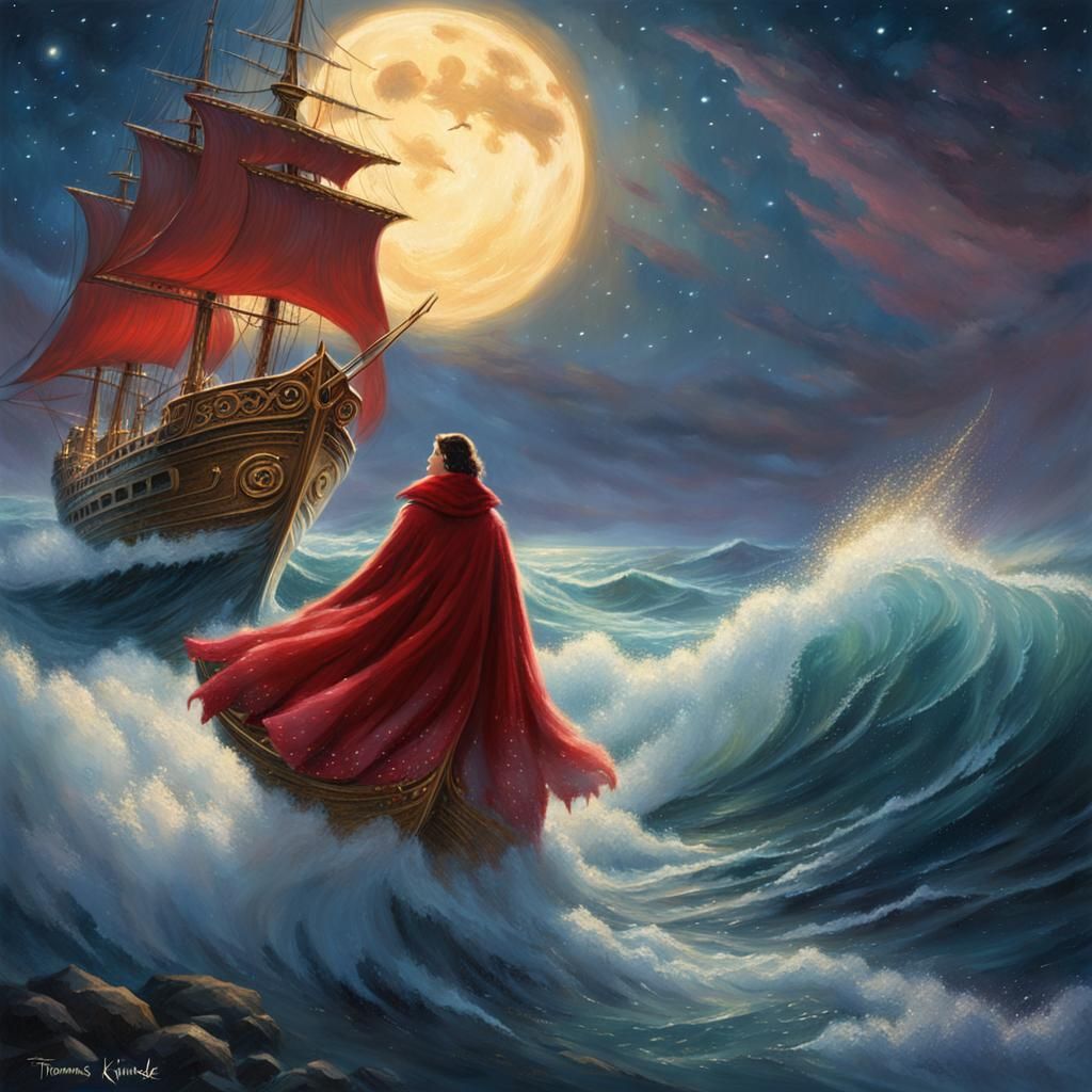 Crimson Ship at Night in Dreamy Fantasy Style