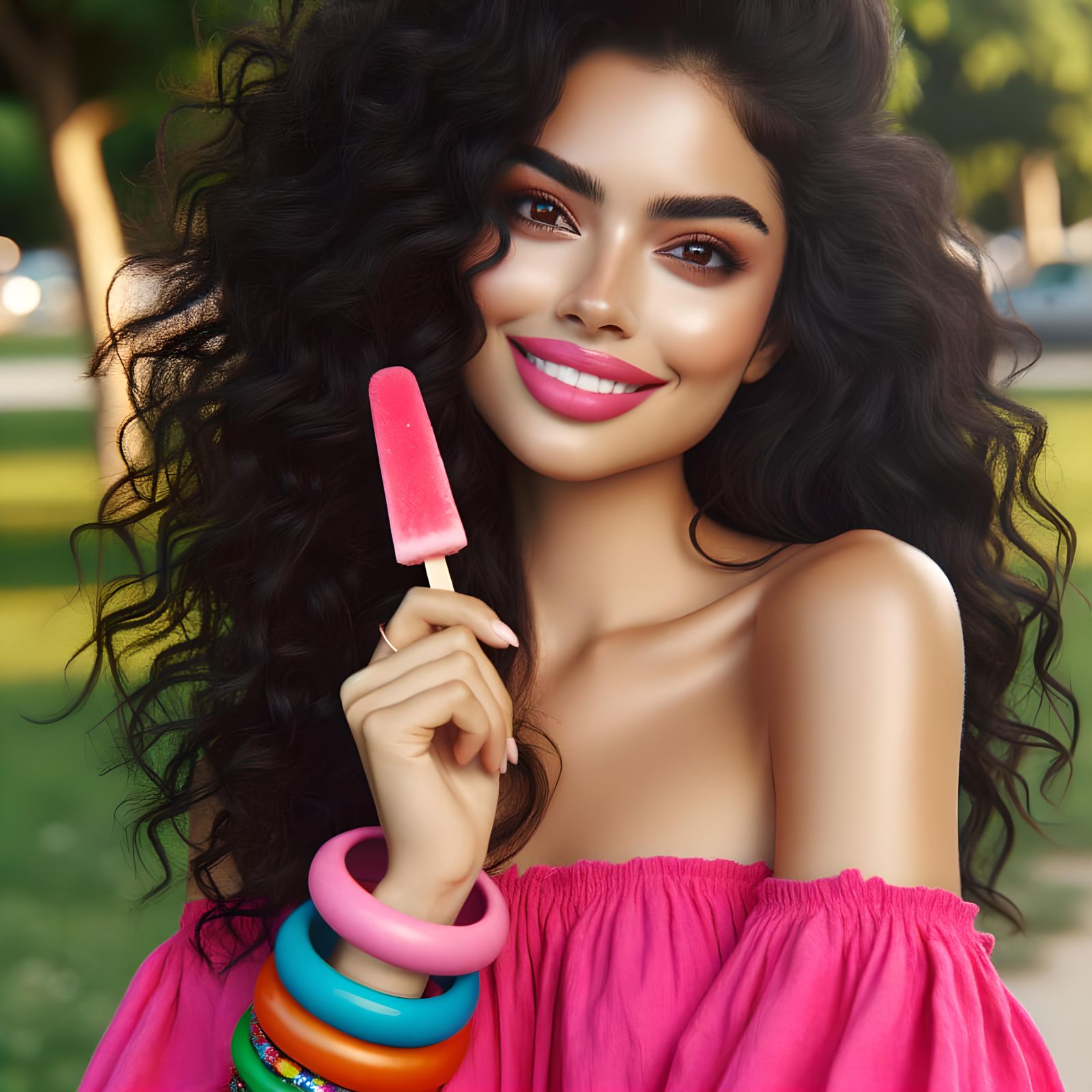 Portrait of Smiling Woman with Popsicle in Sunny Park