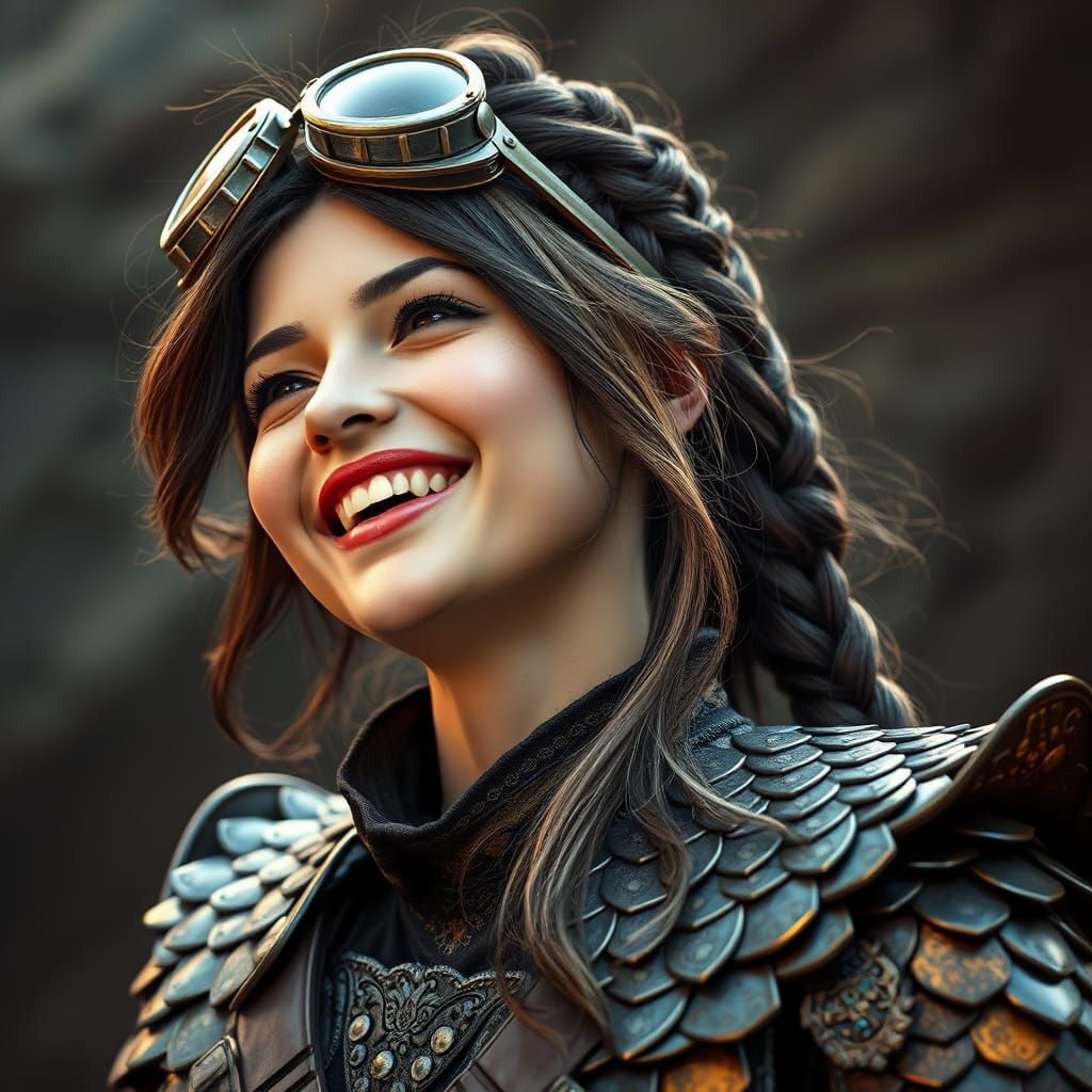 Hyper-Realistic Young Woman in Dragon Armor with Joyful Expr...