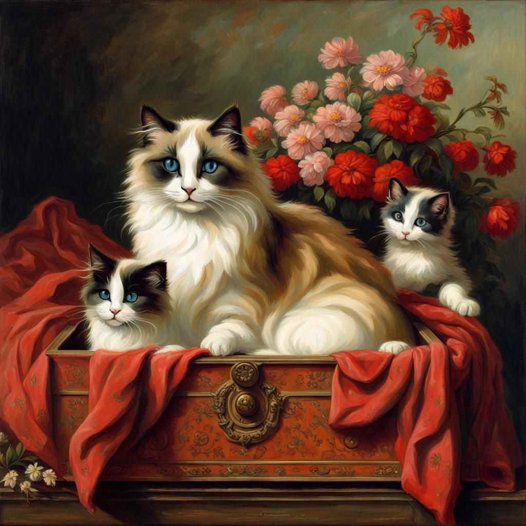 Calico Ragdoll Cat and Kittens in Gothic Horror Style