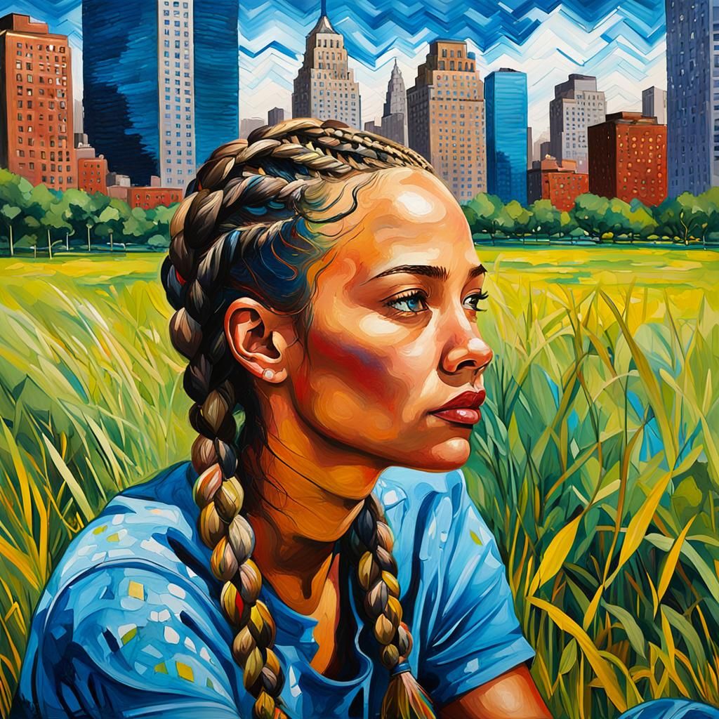 Latina Woman in Park: Mixed Media Oil Painting