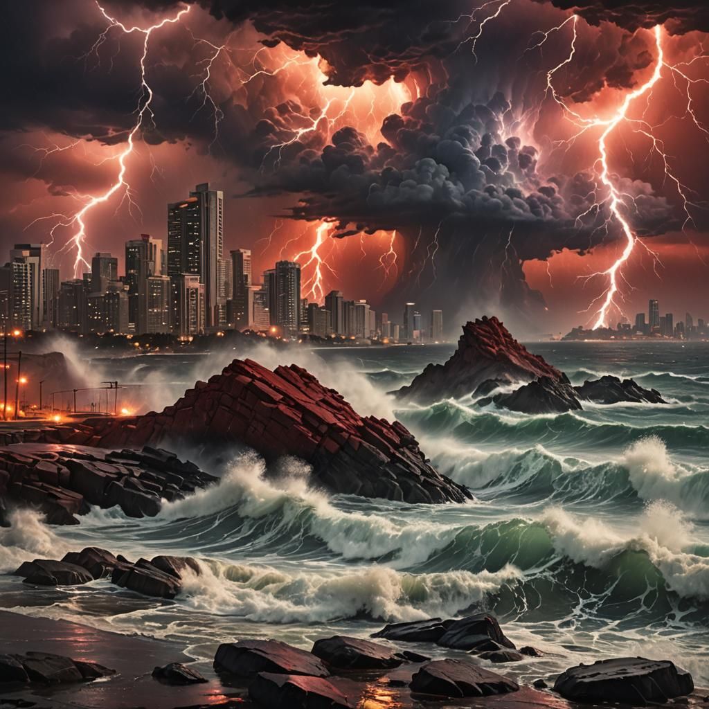 ocean waves violently crashing against rocks under a blood-red sky, heavy rain