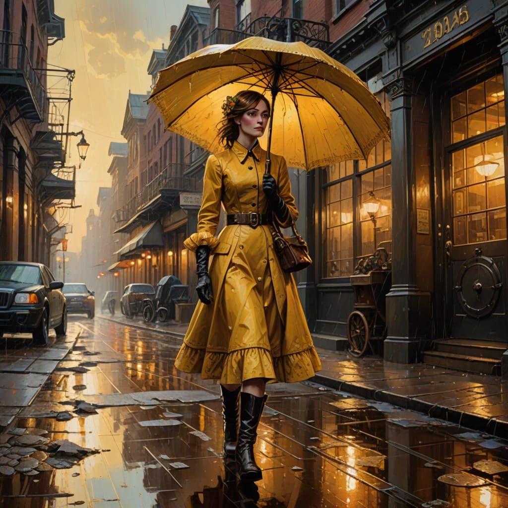 Steampunk Morton Salt Girl in Victorian Dress in Rain