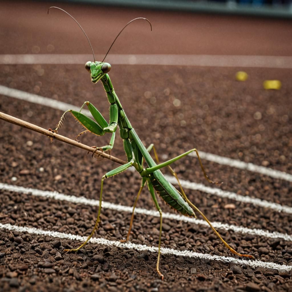 Mantis Pole Vaulting in Olympic Stadium: Hyperrealistic