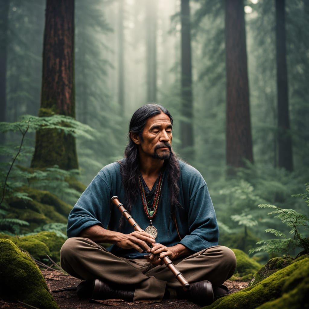 Serene Flute Player in a Misty Forest
