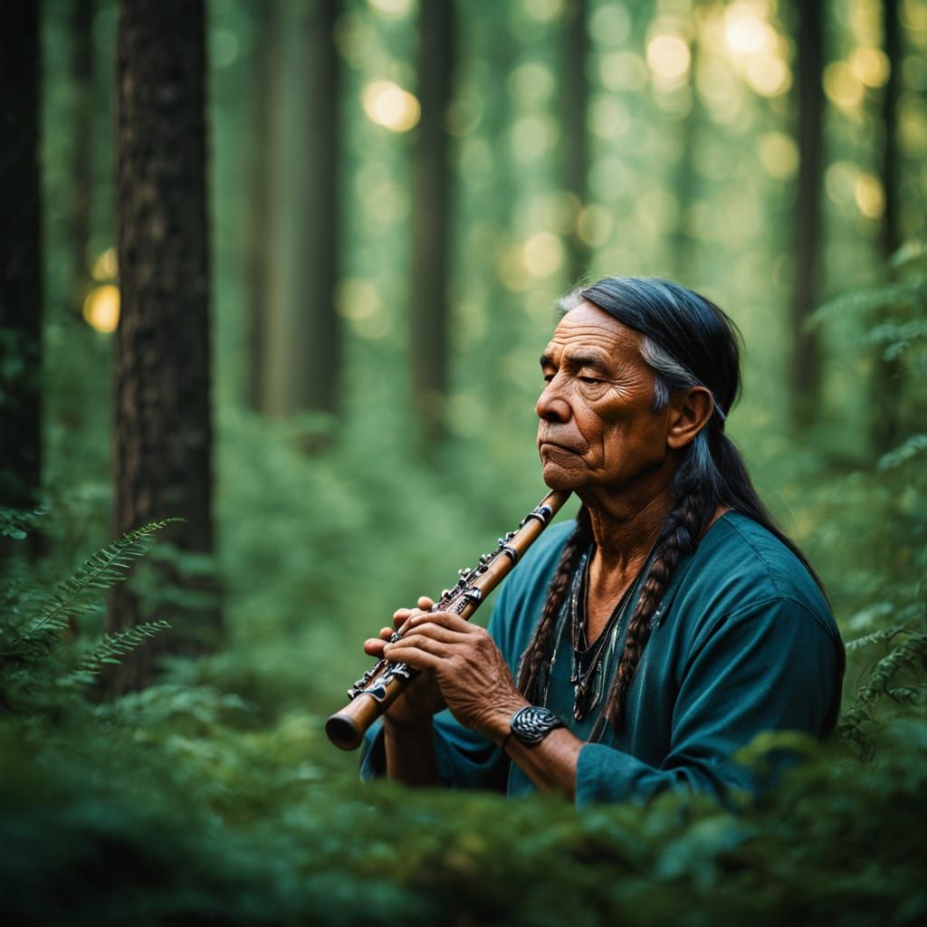 Serene Native American Flute Player in a Lush Forest Clearin...