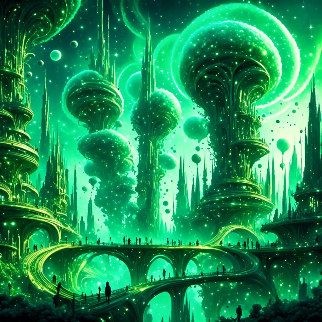 Futuristic Green Cityscape in Cyberpunk Style