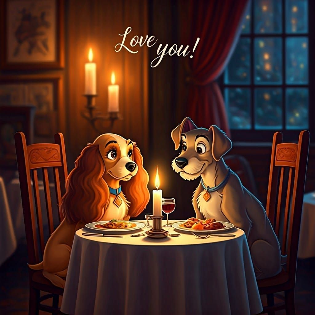 Labrador Dogs Share Romantic Dinner in Cozy Restaurant Setti...