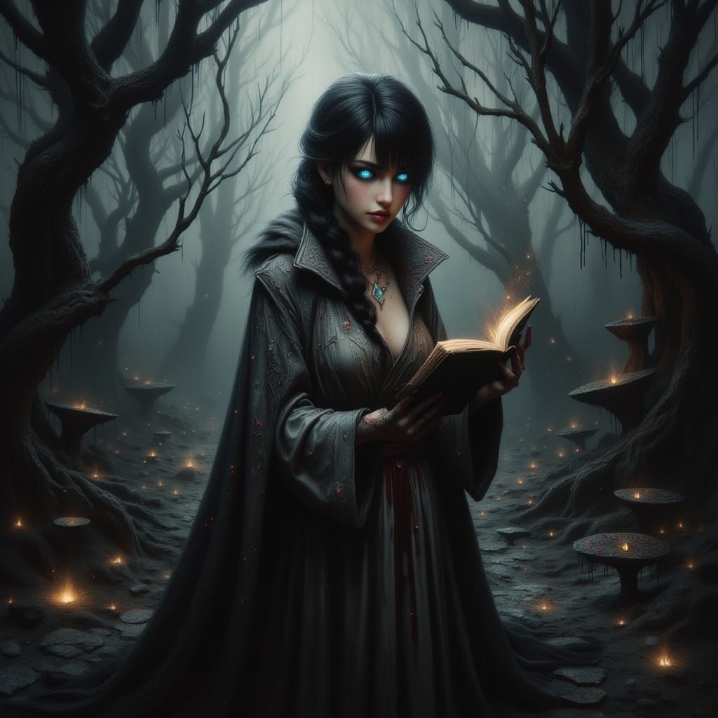 Young Witch Roams Dark Forest Shadows in Mystical Art