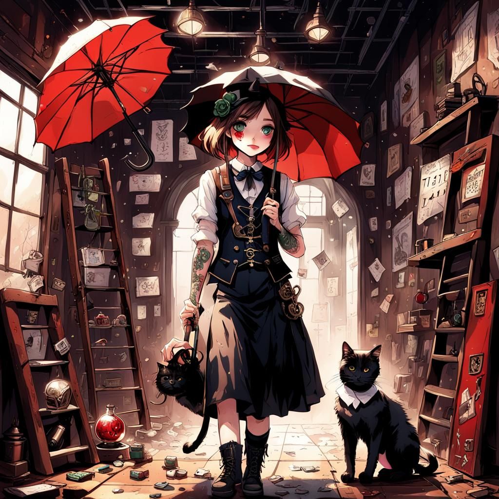 Girl with Umbrella and Cat in Steampunk Setting