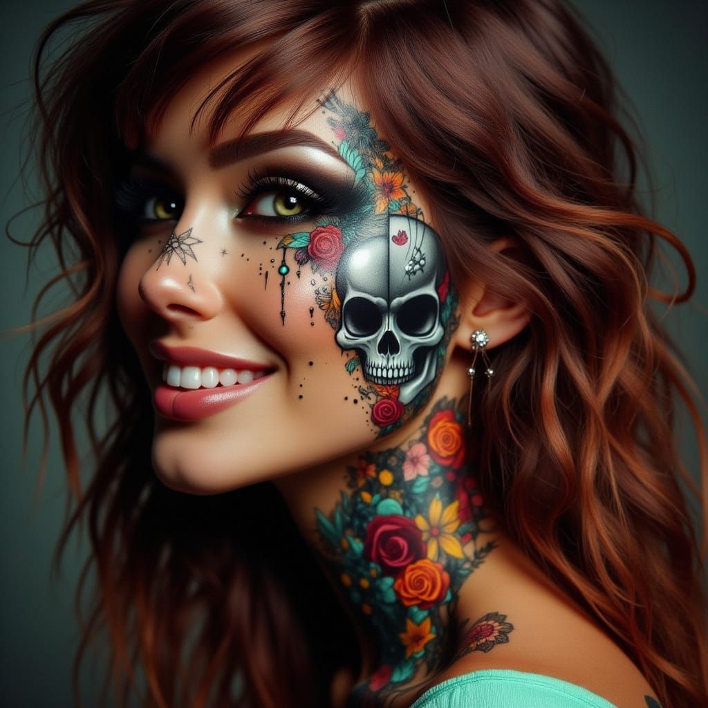 Smiling Woman with Skull Tattoo in Vibrant Style