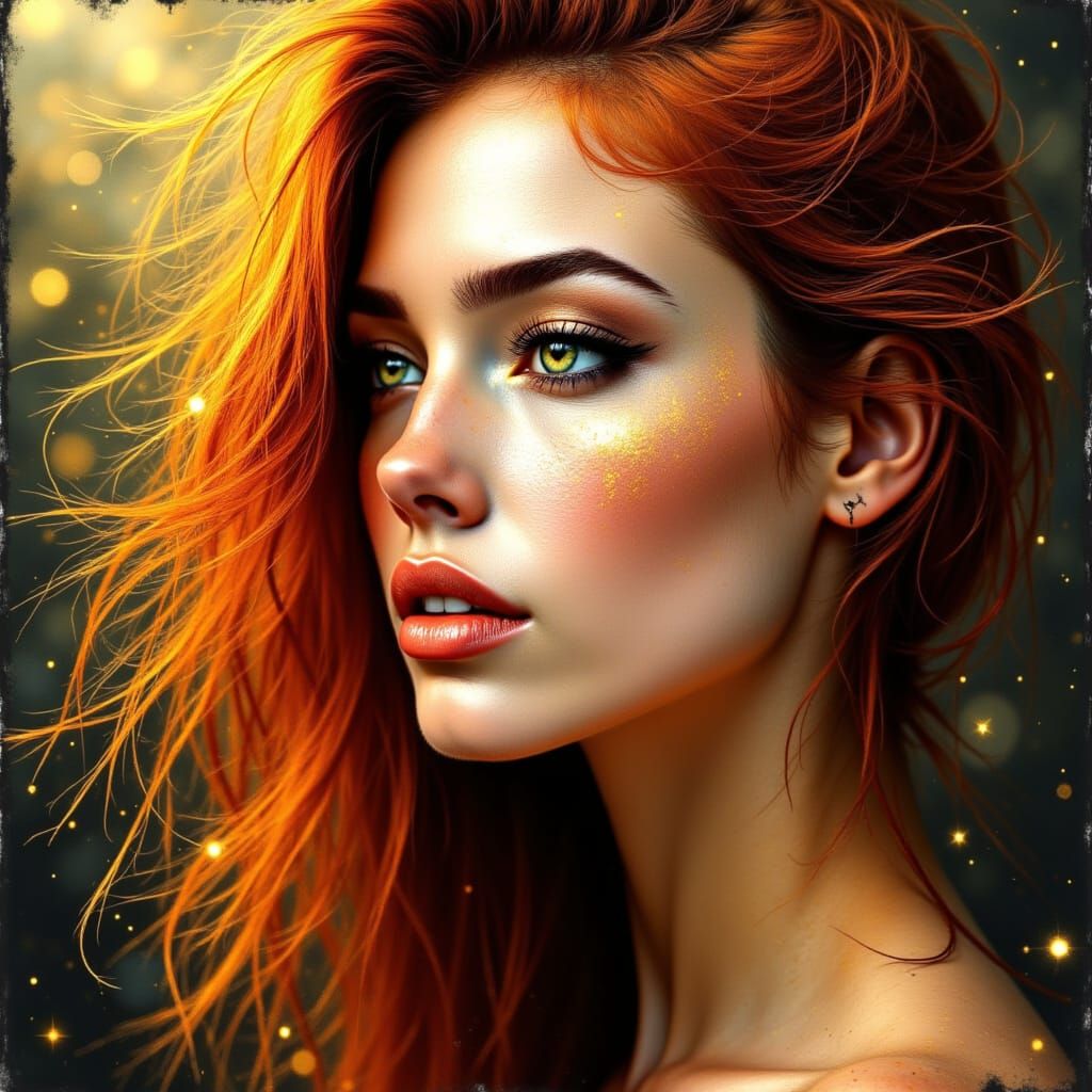 Radiant Woman with Fiery Hair in Golden Light