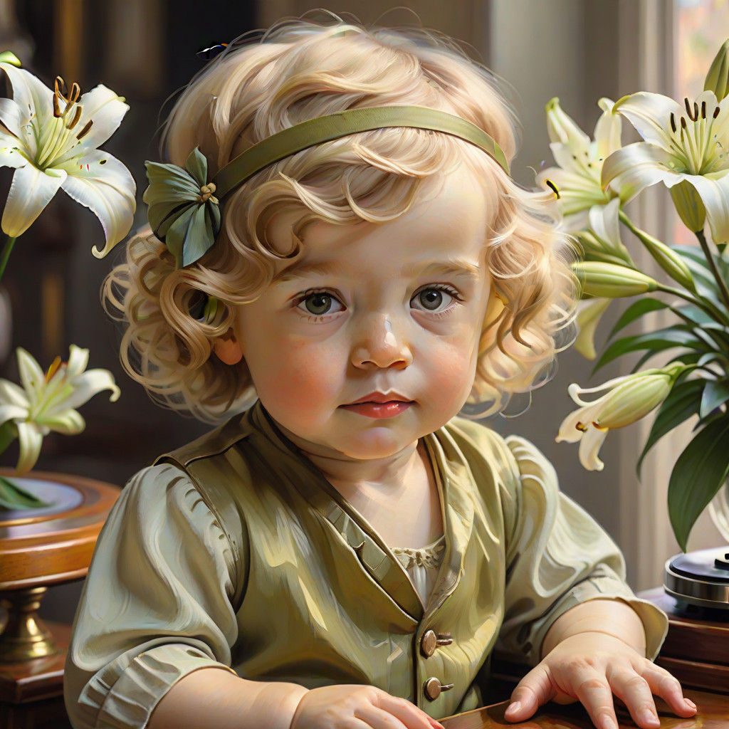 Impressionist Portrait of a Golden-Haired 1920s Baby in Oliv...