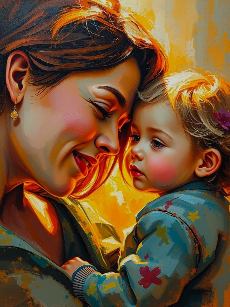 Mother's Loving Embrace in Vibrant Oil Portrait