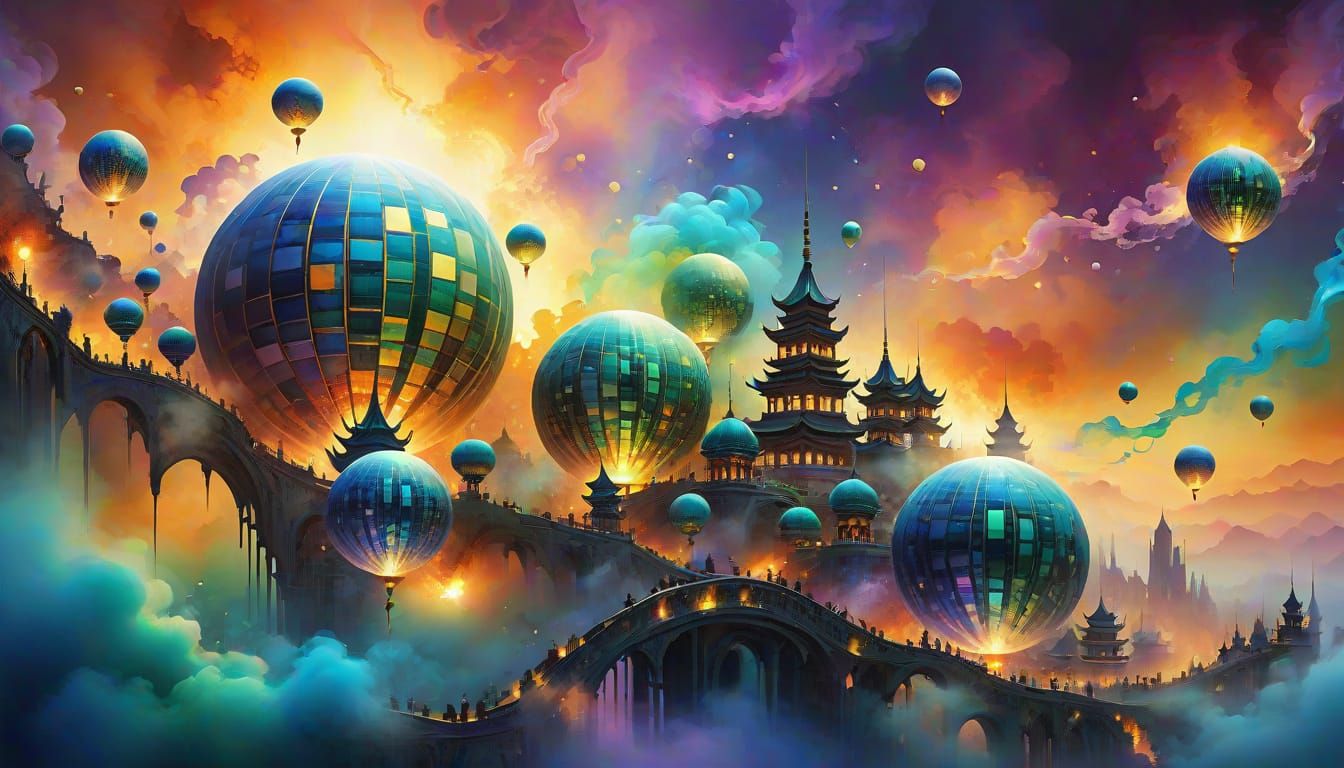 Whimsical Fairycore Cityscape with Phosphorescent Orbs and F...