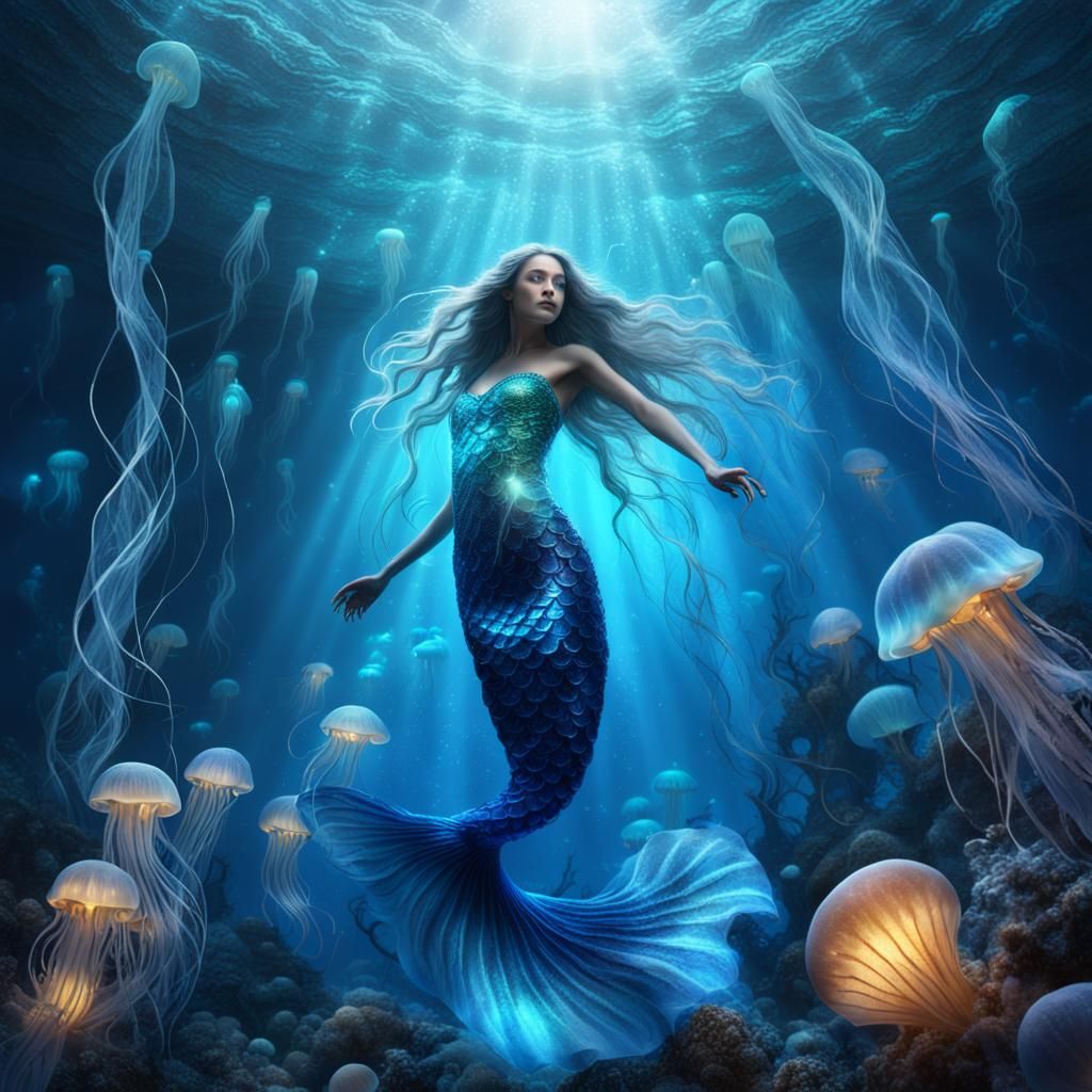Silver Mermaid with Glowing Jellyfish: Digital Matte Paintin...
